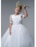 Beaded Short Sleeves White Organza Tea Length Flower Girl Dress